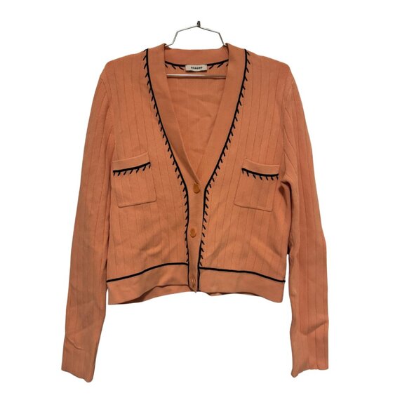 Sandro Paris Embroidered Knit Cardigan | Size M | Salmon Pink, Wool-Blend Knit - Picture 3 of 10